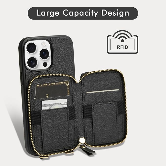 LAMEEKU for iPhone 15 Pro Wallet Case with Card Holder, Zipper Leather Crossbody Case with Kickstand Wrist Strap Lanyard for Women, Protective Cover with Phone Grip Holder Stand 5G 6.1 inch Black