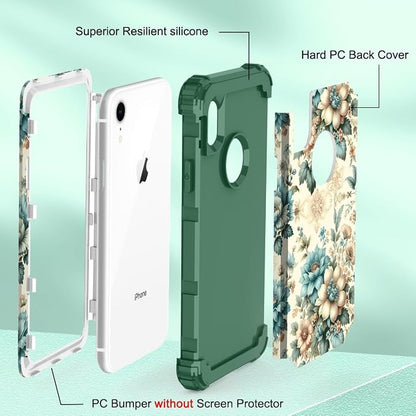 Hocase for iPhone XR Case, Heavy Duty Shockproof Protection Soft Silicone Rubber+Hard Plastic Bumper Hybrid Dual Layer Protective Case for iPhone XR (6.1" Display) 2018 - Teal Blue Flowers