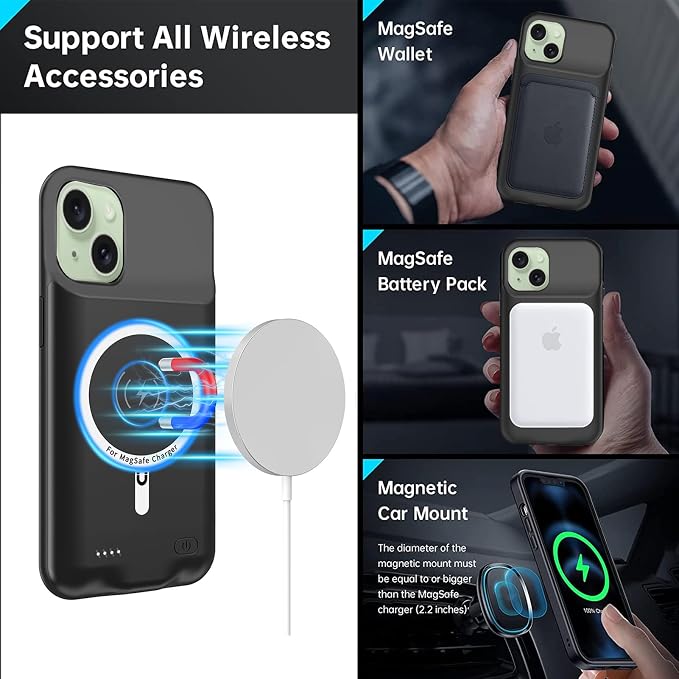 Wireless Charging Case for iPhone 15 Plus, 12000mAh High Capacity Portable Rechargeable Battery Case Wireless Charging Compatible with iPhone 15 Plus (6.7 inch) Extended Battery Charger Case (Black)