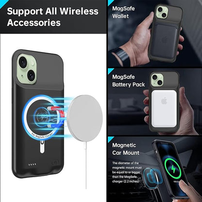 Wireless Charging Case for iPhone 15 Plus, 12000mAh High Capacity Portable Rechargeable Battery Case Wireless Charging Compatible with iPhone 15 Plus (6.7 inch) Extended Battery Charger Case (Black)