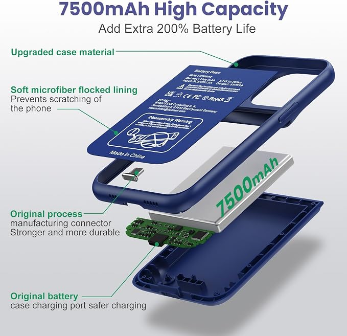 Feob Battery Case for iPhone 15 Pro, [2026 Upgraded] 7500mAh Slim Portable Smart Charging Case Rechargeable Protective Extended Charging Cover for iPhone 15 Pro-Blue