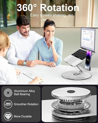 Laptop Stand with Phone Holder, Adjustable Laptop Stand, Aluminum Computer Mount Holder, Ergonomics Laptop Riser for Desk, Lectern Stand Fits MacBook, up to 17.3" All Notebooks Silver