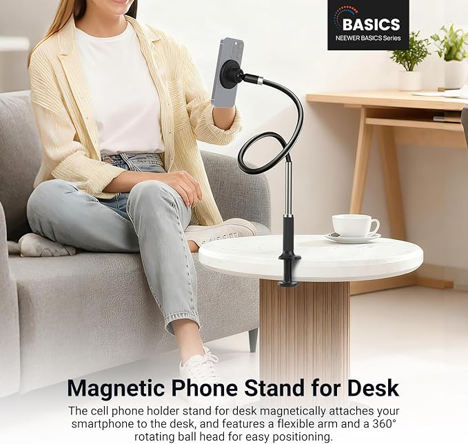 NEEWER Basics Magnetic Phone Stand for Desk, 360° Overhead Table Cellphone Holder Clamp Mount with Flexible Arm, Compatible with MagSafe iPhone Android Samsung for Bed Video Recording, PA151 Black