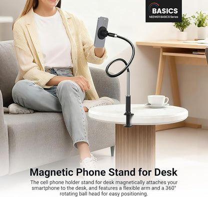 NEEWER Basics Magnetic Phone Stand for Desk, 360° Overhead Table Cellphone Holder Clamp Mount with Flexible Arm, Compatible with MagSafe iPhone Android Samsung for Bed Video Recording, PA151 Black