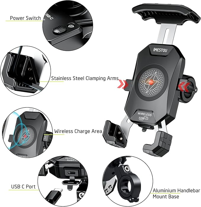 iMESTOU Motorcycle Wireless Phone Mount Charger -Motorcycle USB C 3.0 Phone Holder Qi 15W by Wiring/Plugging to USB A Socket Aluminium Handlebar Base Waterproof for 4-7" Cellphones
