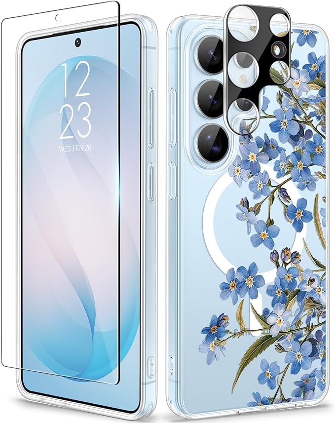 GVIEWIN for Samsung Galaxy S26 Ultra Case Compatible with MagSafe, Clear Floral Shockproof Protective Women Phone Case, Non-Yellowing, Screen & Camera Lens Protector for S26 Ultra 6.9", Aconite/Blue