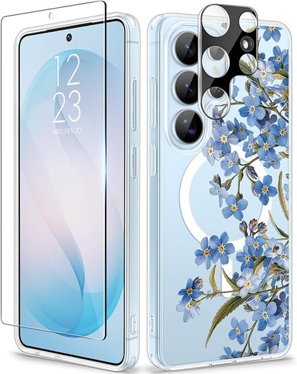GVIEWIN for Samsung Galaxy S26 Ultra Case Compatible with MagSafe, Clear Floral Shockproof Protective Women Phone Case, Non-Yellowing, Screen & Camera Lens Protector for S26 Ultra 6.9", Aconite/Blue