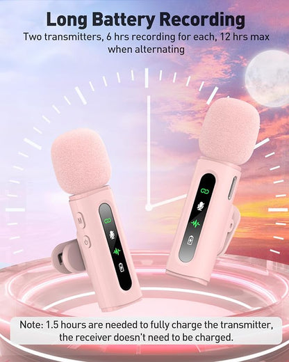 USB C Lavalier Microphone Wireless Mini Mic for Type-C Android Phone/Tablet/PC Video Recording Clip-on Mics with Rotatable Clip&Denoise Recording, Ideal for Vlog Tiktok Youtube Content Creator, Pink
