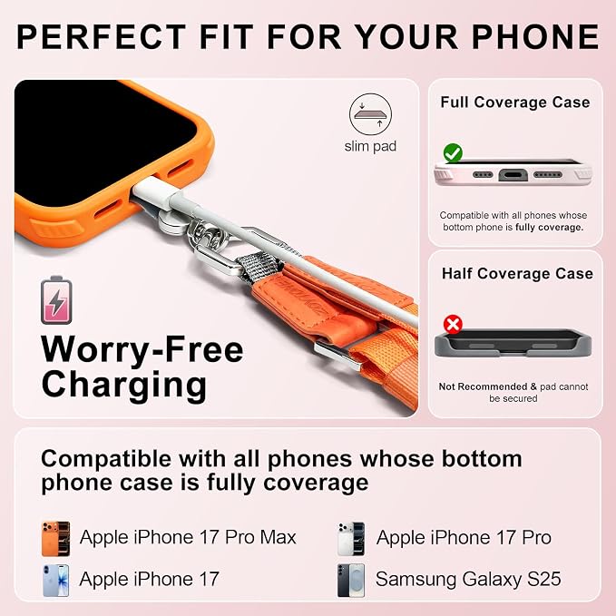Phone Lanyard Crossbody with 2 Phone Tabs, Adjustable Anti Theft Phone Strap for iPhone & Android, Universal Skin-Friendly Cell Phone Neck Lanyard for Travel Hiking Cycling Shopping (Orange)