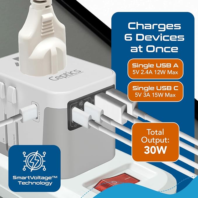Ceptics 6 in 1 Universal Travel Adapter, Universal Outlet w/ 2X USB-A and 3X USB-C 6A, Travel Power Adapter for use in EU, UK, US, AU and More, Universal Plug for Mobiles, Laptops- UP-30KU-WH | 6 in 1 design, Type A, C, G & I Plugs, Universal Socket fo...