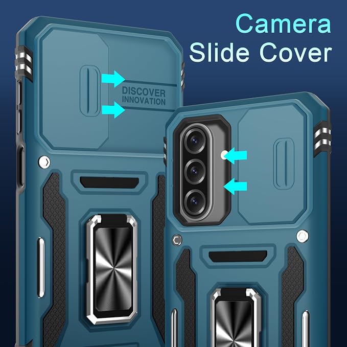 DEERLAMN Case for Samsung Galaxy A17 5G with Slide Camera Cover+Screen Protector (1 Pack), Rotated Ring Kickstand Military Grade Shockproof Protective Cover-Light Blue