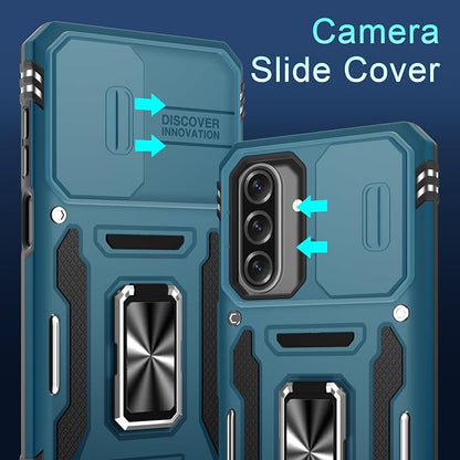 DEERLAMN Case for Samsung Galaxy A17 5G with Slide Camera Cover+Screen Protector (1 Pack), Rotated Ring Kickstand Military Grade Shockproof Protective Cover-Light Blue