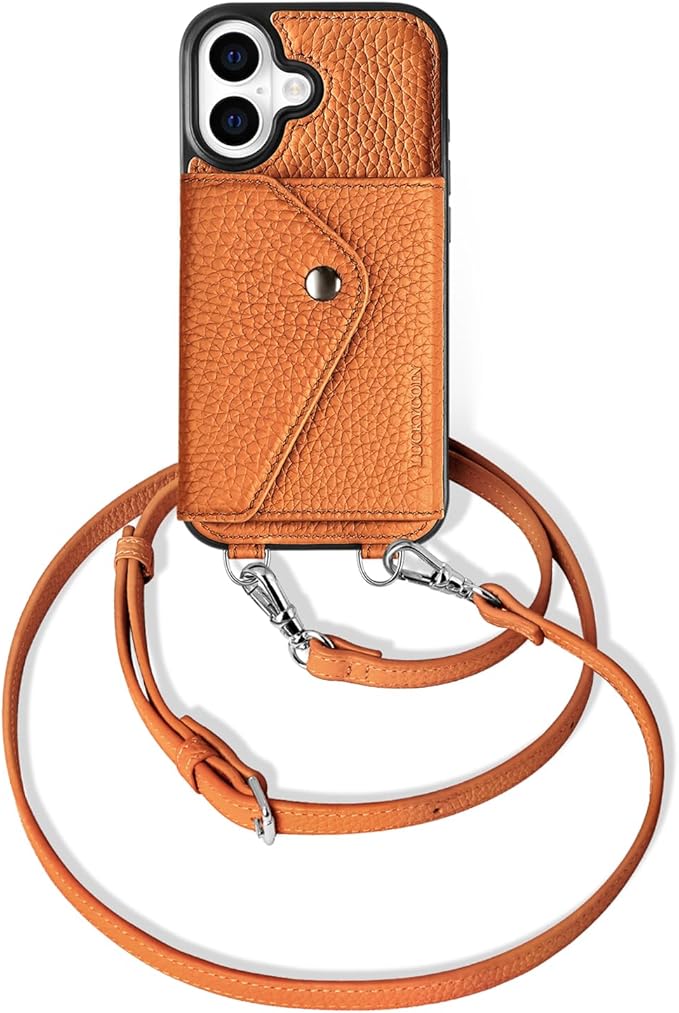 LUCKYCOIN for iPhone 17 Crossbody Wallet Case – Genuine Leather Phone Purse with Adjustable Strap and Card Holder,Lanyard Phone Purse Case for Women,Pebble Grain Brown