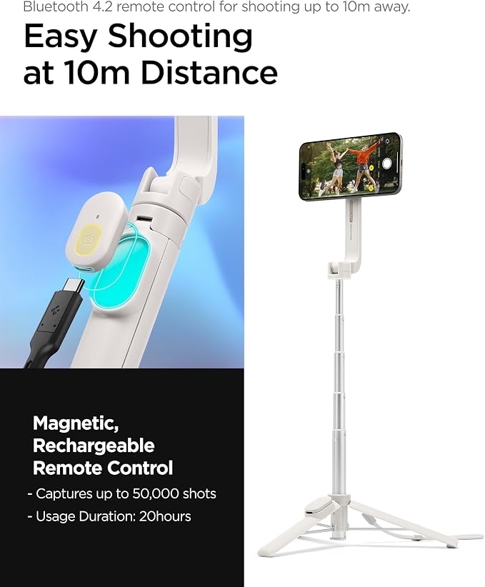 Spigen Selfie Stick Tripod Stand with Bluetooth Remote Control Shutter 24" Extendable Compatible with MagSafe iPhone 17/16/15/14/13/12 Pixelsnap Pixel 10 Series & More - Dune Beige (S571W)