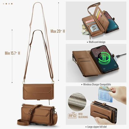 Strapurs Wallet Case Compatible with iPhone 16 6.1" RFID Blocking 7-Card Holder Soft PU Leather Magnetic Snap Shoulder Strap Zipper Pocket Phone Case Fit for iPhone 16 for Women - Brown