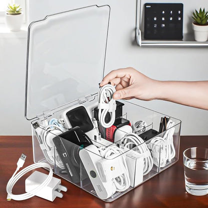 Charger and Cable Organizer Box with 10 Wire Ties, Adapter Storage Box, Plastic Charger Cable Cord Storage Organizer