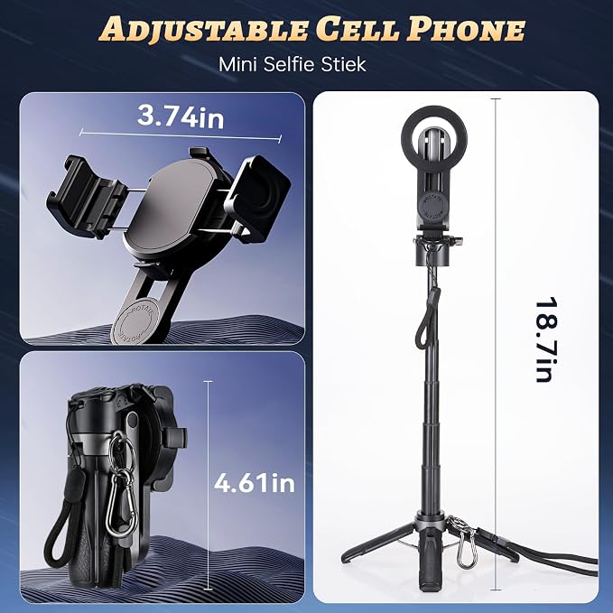 Magnetic Selfie Stick Tripod with 2 Selfie Light, Phone Tripod, Portable Pocket Size Selfie Stick with Rechargeable Remote and Metal Ring, Compatible with iPhone/Android for Photo/Video