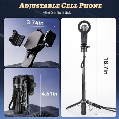 Magnetic Selfie Stick Tripod with 2 Selfie Light, Phone Tripod, Portable Pocket Size Selfie Stick with Rechargeable Remote and Metal Ring, Compatible with iPhone/Android for Photo/Video