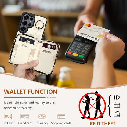 Keallce Case for Samsung Galaxy S26 Ultra 6.9'' Wallet Case,Crossbody Zipper Purse Wrist Strap Lanyard Handbag,RFID Blocking Card Slots,Flip Leather Cover for Samsung S26 Ultra,Beige