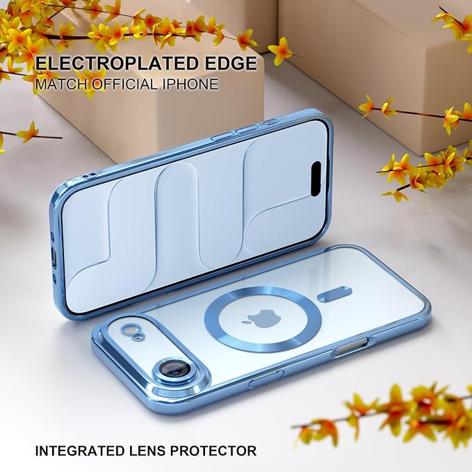 Misea Magnetic for iPhone 17 Air Case Compatible with MagSafe [Never Yellowing] [Military Grade Drop Protection] Full Camera Lens Protector Plating Soft Clear Phone Case for Women, Sky Blue