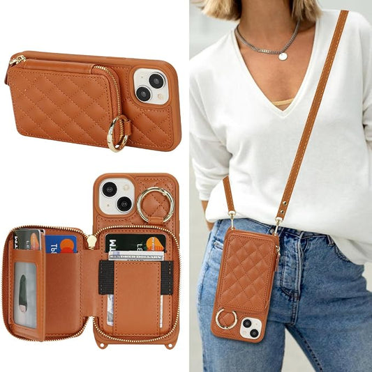 Crossbody Wallet Case for iPhone 14, PU Leather Zipper Handbag Purse Flip Cover, Kickstand Folio Case with Card Slots Holder Wrist Strap Lanyard 5G 6.1 Inch-Brown