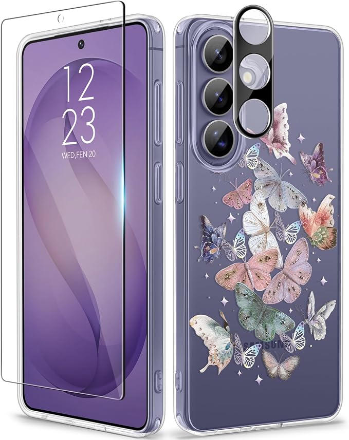 GVIEWIN for Samsung Galaxy S26 Plus Case, Clear Floral Slim Shockproof Protective Women Phone Case, Non-Yellowing, with Screen Protector&Camera Lens Protector for S26 Plus 6.7", Flutters/Purple