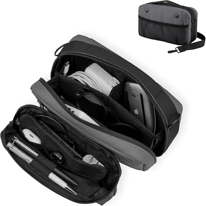 Travel Organizer Pouch Electronic Accessories Carry Case Waterproof Double Layers All-in-One for Cord, Phone, Airpods, USB Flash Drive for Men Women, Portable Charger Organizer (Grey)