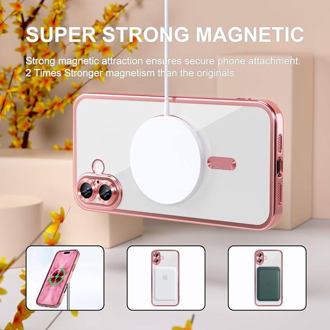 Misea Magnetic for iPhone 17 Case Compatible with MagSafe [Never Yellowing] [Military Grade Drop Protection] Full Camera Lens Protector Plating Soft Clear Phone Case for Women, Pink