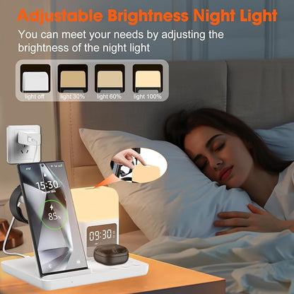 Wireless Charger for Samsung/Android Charging Station, 6 in 1 Fast Watch Charger with Alarm Clock-Night Light, Compatible for Galaxy S25 Ultra/S24, Only for Samsung Watch8/7, Galaxy Buds3 Pro(White)