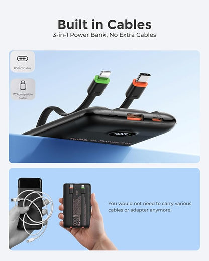 VEEKTOMX Small Portable Charger 10000mAh (Not Magnetic) | Built-in Cables, 22.5W Fast Charging USB-C Battery Pack, TSA Approved Travel Charger for iPhone, Samsung, Android