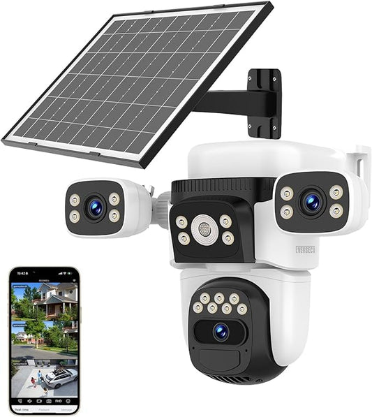 EVERSECU Solar Wireless Triple Lens WiFi PTZ Security Camera, Three Cameras in One, Side Cameras with Adjustable All-Angle Arm, 2K 360° View No Blind Spot, Auto Tracking, Spotlight, 2 Way Audio