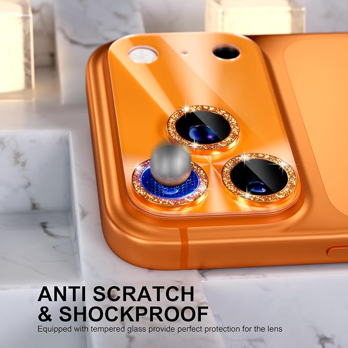 Choiche Compatible for iPhone 17 Pro Camera Lens Protector, Bling Camera Cover with 9H Tempered Glass Lens Screen Protector Metal Ring Decoration Accessories 6.3-inch (Light-Orange)