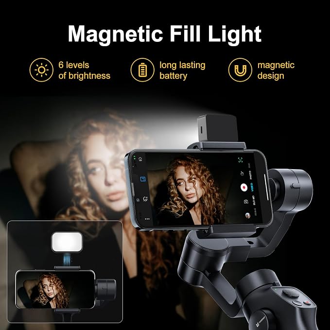 FUNSNAP Gimbal Stabilizer for Smartphone, 3-Axis Stabilization Phone Gimbal Handheld with Fill Light, Face Tracking Tiktok YouTube Vlog Stabilizer for Android iPhone 15 14 13 Pro Max