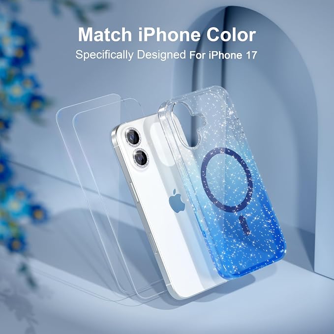Choiche Magnetic for iPhone 17 Case Compatible with MagSafe, Women Cute Glitter Sparkly Phone Case with Diamond Camera Lens Protectors, Military-Grade Drop Protection 6.3" (Clear/Blue)