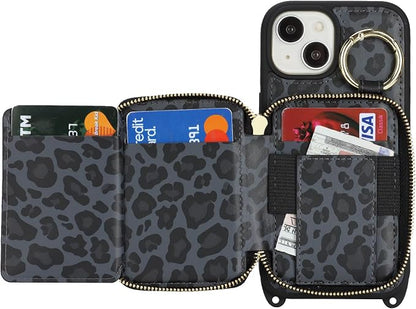 Crossbody Wallet Case for iPhone 14, PU Leather Zipper Handbag Purse Flip Cover, Kickstand Folio Case with Card Slots Holder Wrist Strap Lanyard 5G 6.1 Inch-Black Leopard