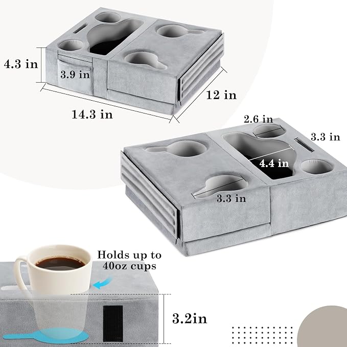 Luxspire Couch Cup Holder, Couch Caddy with 8 Holes and Side Pocket, Couch Cup Holder Tray for iPad/Drinks/Remote Control/Snacks Holder, Gray