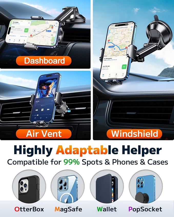 Qifutan Phone Holders for Your Car Cell Phone Mount for Car Mount Windshield Dashboard Air Vent Universal Hands Free Automobile Cell Phone Holder Fit for iPhone Smartphone Camera Mounts