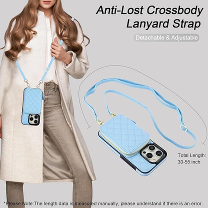 Bocasal Crossbody Wallet Case for iPhone 15 Pro, RFID Blocking PU Leather Zipper Handbag Purse Flip Cover, Kickstand Folio Case with Card Slots Holder Wrist Strap Lanyard 5G 6.1 Inch (Blue)