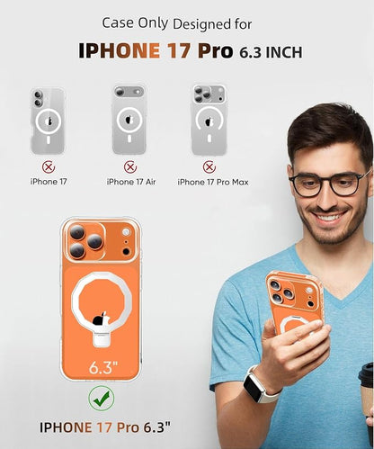 for iPhone 17 Pro Case with Screen Protector, Built-in Seamless Stand, [Compatible with MagSafe] Protective Shockproof Phone Case, Magnetic Cover for iPhone 17Pro 6.3 Inch - Clear