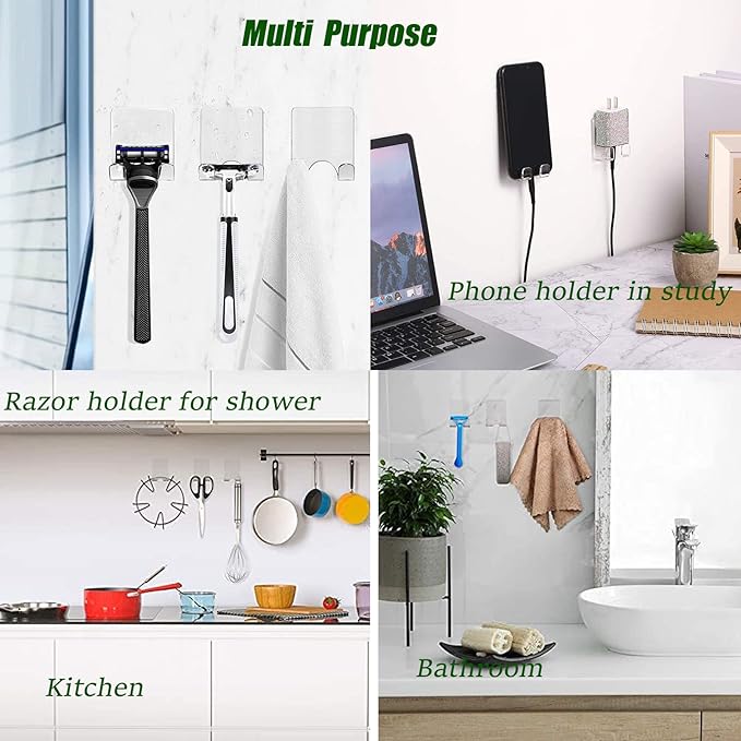Clear Adhesive Hooks for Shower Wall Shaver Holder Razor Holder Storage Holders for Phone, Bathtub Organizers and Storage Shower Hook Kitchen Organizer for Razor Plug Towel (Clear-4pcs)