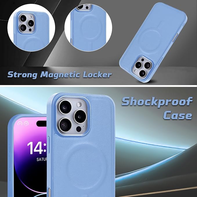 Lacass for iPhone 16 Pro Max Detachable Crossbody Wallet Case, Compatible with MagSafe Magnetic 2 in 1 RFID Blocking PU Leather Wallet Cover Card Holder Zipper Make Up Mirror (Blue)