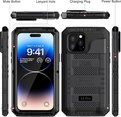 Beasyjoy Waterproof Case for iPhone 14 Pro, Metal Full Body Sealed Phone Case with Built-in Screen Protector, Military Grade Heavy Duty Defender Armor Shockproof Rugged Case 6.1 Inch, Black