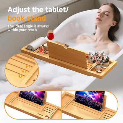Premium Bamboo Bathtub Caddy Tray with Extending Sides, Adjustable Wood Bath Tray for Luxury Bath, Fits Most Tubs, Accessories Gift Idea