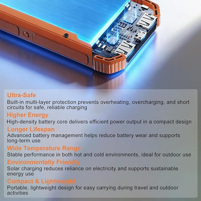 Solar Charger Power Bank 20000mAh, Wireless Fast Charging Battery Pack with 3 Built-in Cables & USB-C Input, Dual LED Flashlights, Portable Phone Charger for Camping, Travel & Emergency Use (Orange)