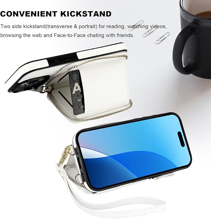 Bocasal RFID Blocking Wallet Case for iPhone 16 Pro, Adjustable Crossbody Zipper Purse Case Card Holder with Kickstand Detachable Wrist Strap, PU Leather Flip Folio Case 6.3 Inch 5G (White)