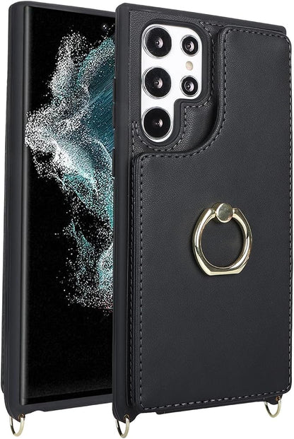 Lipvina for Samsung Galaxy S22 Ultra Case with Card Holder and Strap for Women,Crossbody Lanyard,RFID Blocking,Ring Stand,Snap Clasp,Phone Wallet Cases 6.8 inch(Black)