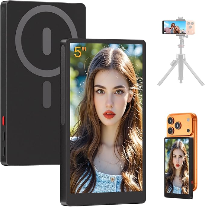 5" Selfie Monitor Screen iPhone 17,1080P Wireless Screen Mirroring Back Camera Monitor iPhone, Magnetic Selfie Screen with Headphone Jack, 2600mAh,100ft Remote for Vlog, Snaplylens for iPhone, Android