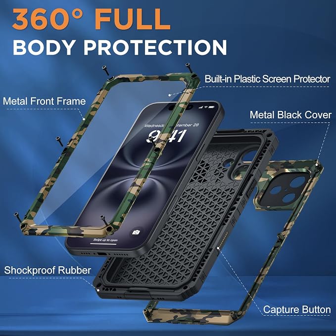 Beasyjoy for iPhone 16 Plus Case Waterproof, Metal Heavy Duty Full Body Protective Case with Built-in Screen Protector, Military Grade Shockproof Defender Cover for iPhone 16 Plus 6.7", Camo