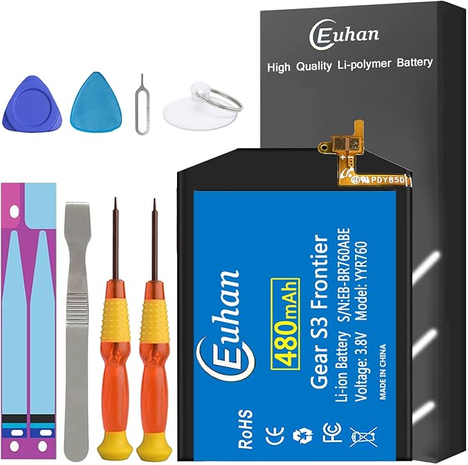 Gear S3 Battery, UNKLOU 480mAh Li-Polymer Replacement Battery for Samsmung Galaxy Gear S3 Frontier SM-R760 and S3 Classic SM-R770 R760 R770 BR760 R765 EB-BR760A with Repair Replacement Tool Kit
