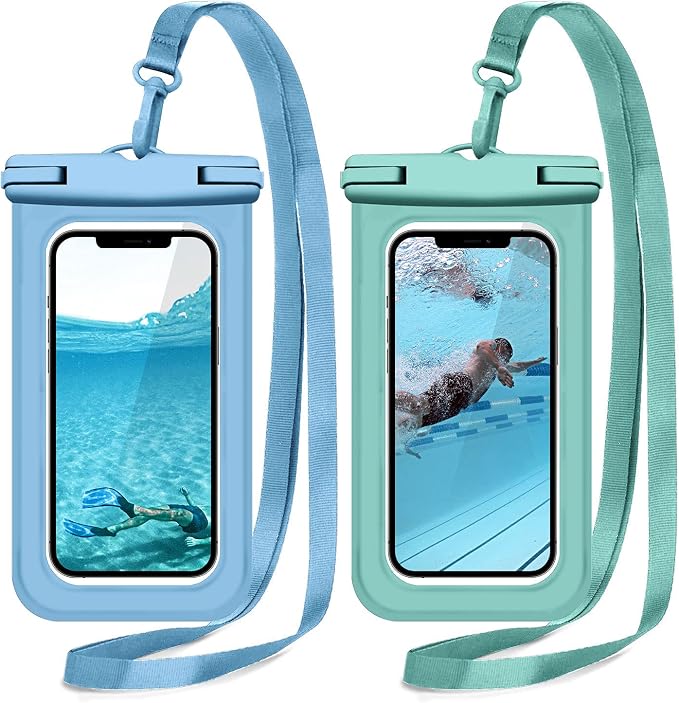 Janmitta Universal Waterproof Pouch[2 Pack],Underwater Dry Bag for iPhone 15/14/13/12,14/13/12 Pro Max,iPhone 12/13 Mini and Other Phones Up to 7.0",IPX8 Waterproof Case with Lanyard,Blue+Green